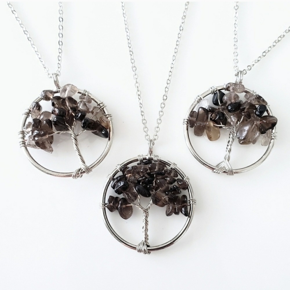 NWOT Natural smoky quartz tree of life pendant necklace